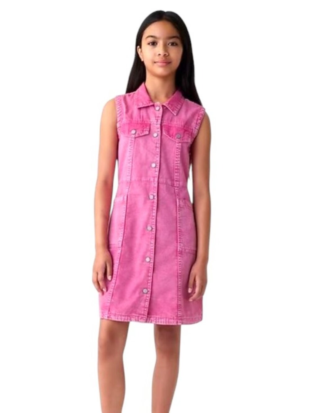 Gap Kids Phoebe Pink Washed Faded Denim Snap Front Sleeveless Dress